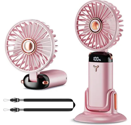 GEMWON Handheld Fan Portable, Mini USB Rechargeable Fans with Lanyard and Detachable Base,4000mAH Battery Operated Electric Foldable Desk Desktop Fan with 5 Speed for Home Office Travel Pink