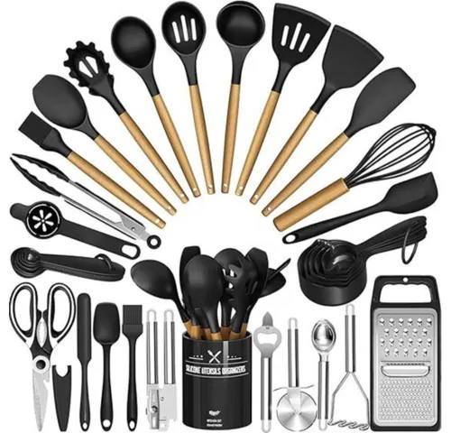 Kitchen Utensils Set - 34PCS Silicone Cooking Utensils with Holder, Heat Resistant, Nonstick Cookware Tongs Spatula Spoon Set, Wooden Handles Kitchen Tools & Gadgets (Black)