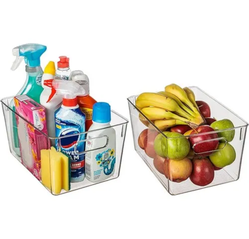 Amtido Clear Plastic Storage Bins for Fridge, Cupboard, Pantry, and Kitchen - Versatile Organisers for Food, Fruit, Vegetable, Cleaning Products, and Clothing Storage (2-Pack)